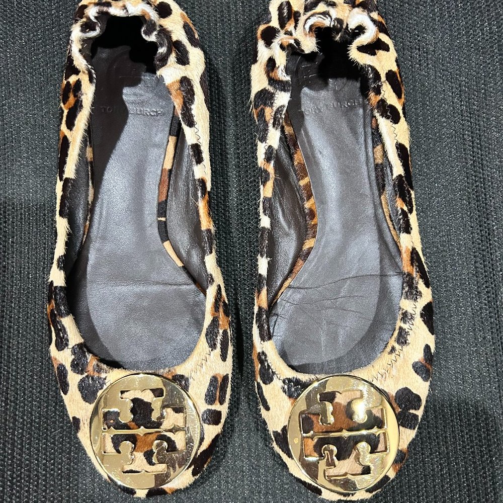 Tory Burch Brown Leopard Print Pony Hair Reva Ballet Flats Size 9